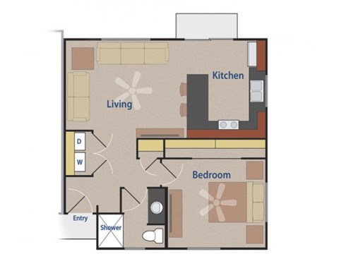 Floor plan for 1 bed, 1 bath, 635 sqft